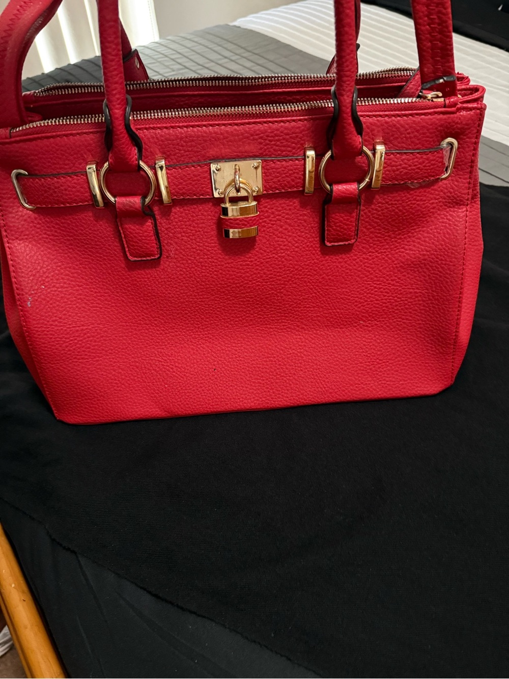 Red Structured Hobo Tote with Gold-Tone Lock